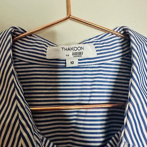 THAKOON COLLECTIVE Blue Stripe Pattern Tie Waist Button Front Shirtdress Size 10 - Picture 10 of 13